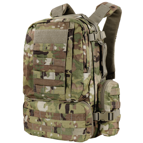 The Condor Convoy Backpack 22L in Scorpion OCP features a camouflage design, multiple compartments, adjustable straps, and MOLLE webbing for tactical versatility.