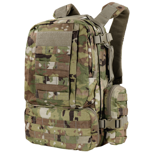 The Condor Convoy Backpack 22L in Scorpion OCP features a camouflage design, multiple compartments, adjustable straps, and MOLLE webbing for tactical versatility.