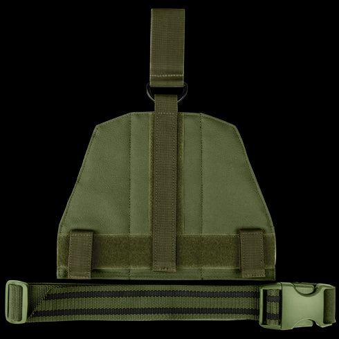 The Condor Drop Leg Panel in olive green features adjustable straps, webbing, and velcro fasteners, designed for use with tactical gear or backpacks.