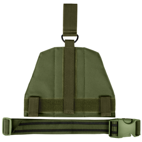 The Condor Drop Leg Panel in olive green features a buckle strap, Velcro closure, and a top attachment loop. Now on sale.