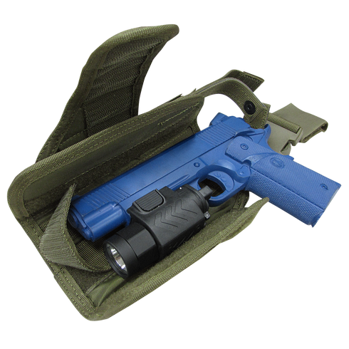 A blue training pistol with a mounted flashlight sits inside an open green Condor Tornado Tactical Leg Holster - Left Hand, which features a secure retention system for safety.