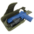 A blue training pistol with a mounted flashlight sits inside an open green Condor Tornado Tactical Leg Holster - Left Hand, which features a secure retention system for safety.