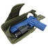 A blue training pistol with a mounted flashlight sits inside an open green Condor Tornado Tactical Leg Holster - Left Hand, which features a secure retention system for safety.