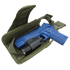 A blue training pistol with a mounted flashlight sits inside an open green Condor Tornado Tactical Leg Holster - Left Hand, which features a secure retention system for safety.
