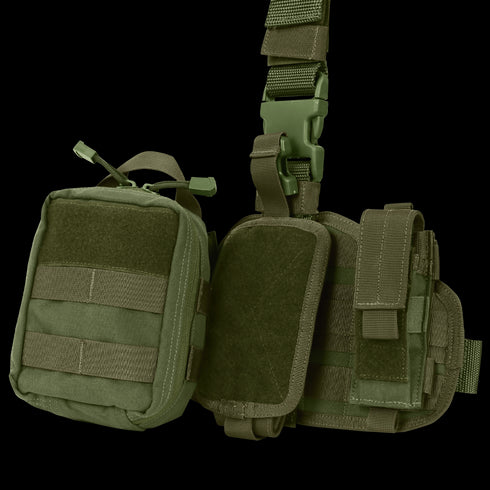 The Condor EMT Leg Rig features three pouches and adjustable straps, designed for carrying gear and equipment.