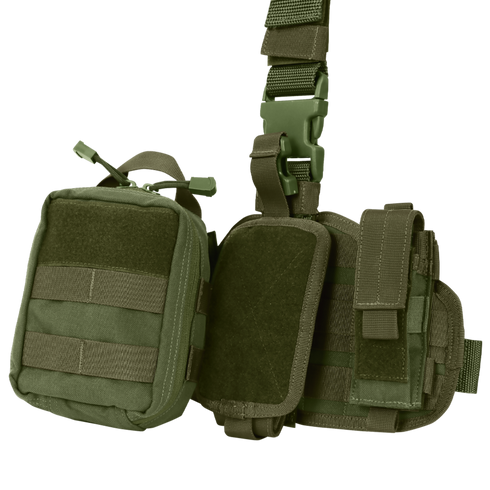 The Condor EMT Leg Rig features three pouches and adjustable straps, designed for carrying gear and equipment.