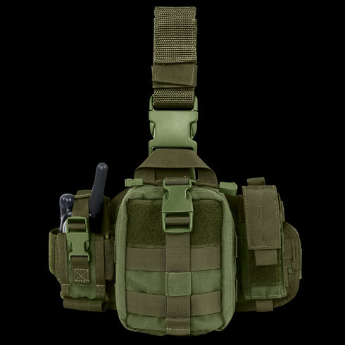 Front view of the Condor EMT Leg Rig in olive green, featuring a central pouch, two-way radios on the left, and extra side compartments.