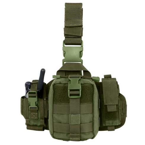 Front view of the Condor EMT Leg Rig in olive green, featuring a central pouch, two-way radios on the left, and extra side compartments.