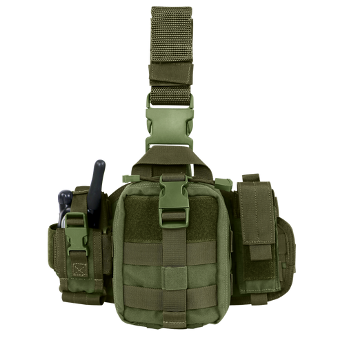 Front view of the Condor EMT Leg Rig in olive green, featuring a central pouch, two-way radios on the left, and extra side compartments.