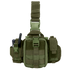 Front view of the Condor EMT Leg Rig in olive green, featuring a central pouch, two-way radios on the left, and extra side compartments.