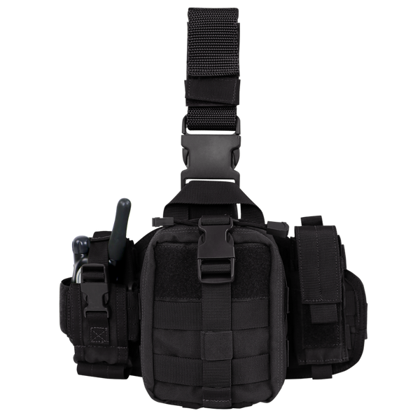 The Condor EMT Leg Rig features adjustable straps, a front pouch, side compartments, and a visible radio antenna slot—making it ideal for bushcraft adventures or use at the shooting range.