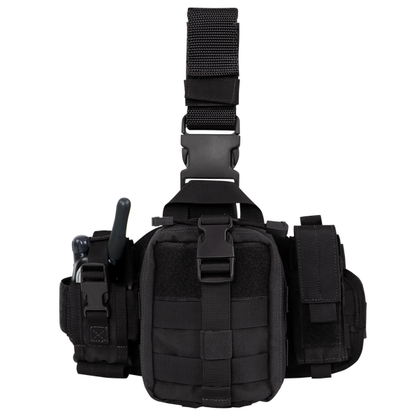 The Condor EMT Leg Rig features adjustable straps, a front pouch, side compartments, and a visible radio antenna slot—making it ideal for bushcraft adventures or use at the shooting range.