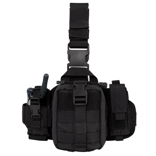 The Condor EMT Leg Rig features adjustable straps, a front pouch, side compartments, and a visible radio antenna slot—making it ideal for bushcraft adventures or use at the shooting range.