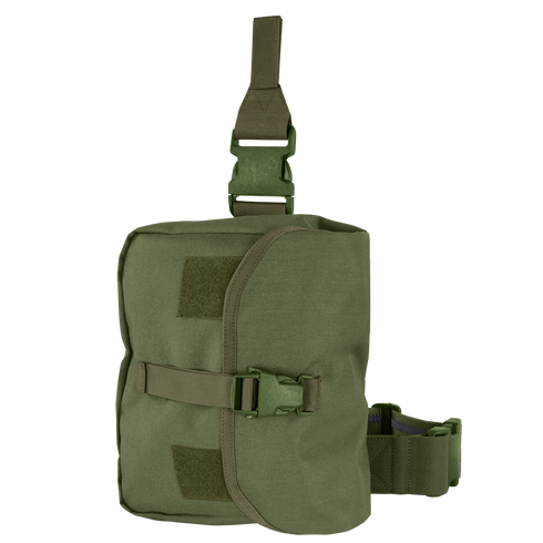 The Condor Gas Mask Leg Rig in Olive Drab features straps, buckle closure, and attachment points for secure carrying on a belt or vest.