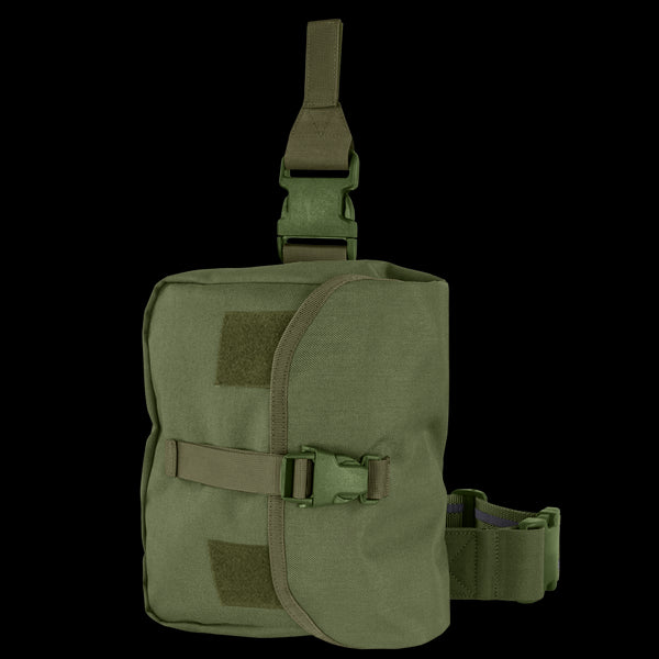 The Condor Gas Mask Leg Rig in Olive Drab features straps, buckle closure, and attachment points for secure carrying on a belt or vest.