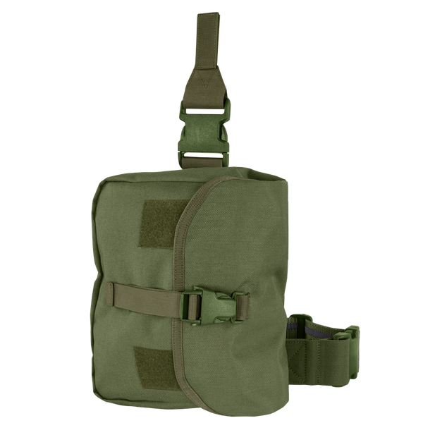 The Condor Gas Mask Leg Rig in Olive Drab features straps, buckle closure, and attachment points for secure carrying on a belt or vest.