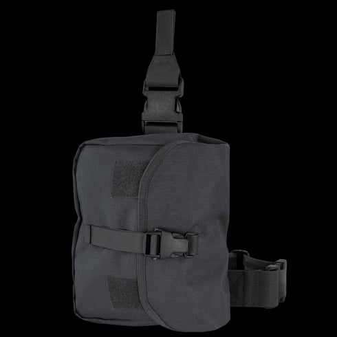 The Condor Gas Mask Leg Rig features adjustable straps, buckle closures, and hook-and-loop patches for secure attachment and storage—ideal for military or first responder use.