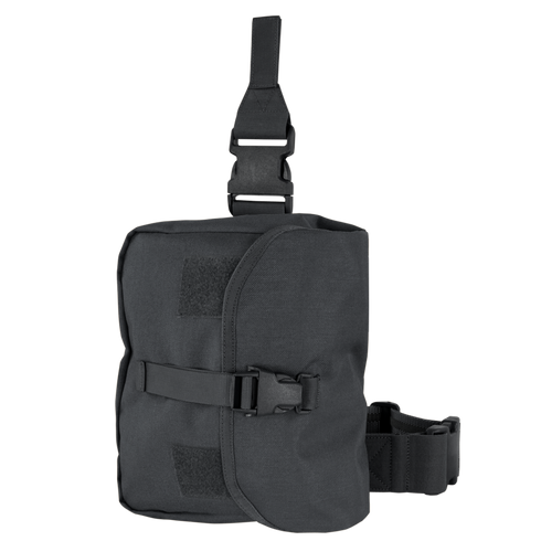 The Condor Gas Mask Leg Rig features adjustable straps, buckle closures, and hook-and-loop patches for secure attachment and storage—ideal for military or first responder use.