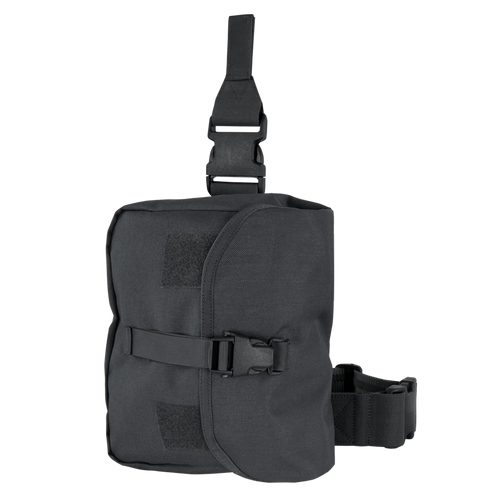 The Condor Gas Mask Leg Rig features adjustable straps, buckle closures, and hook-and-loop patches for secure attachment and storage—ideal for military or first responder use.