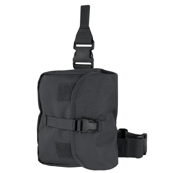 The Condor Gas Mask Leg Rig features adjustable straps, buckle closures, and hook-and-loop patches for secure attachment and storage—ideal for military or first responder use.