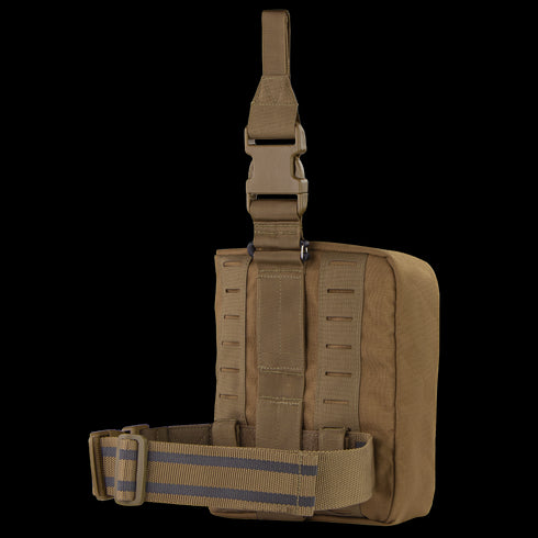 The Condor Gas Mask Leg Rig is a brown tactical bag with an adjustable strap, webbing, and buckle. Shown on a plain background, it features a rectangular shape and multiple attachment points for military or first responder use.