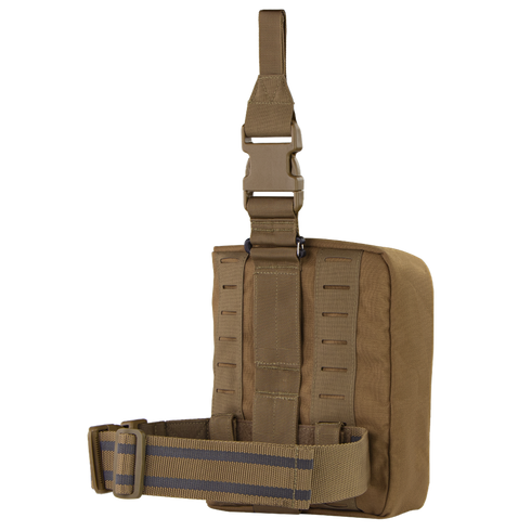 The Condor Gas Mask Leg Rig is a brown tactical bag with an adjustable strap, webbing, and buckle. Shown on a plain background, it features a rectangular shape and multiple attachment points for military or first responder use.