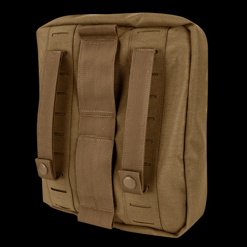 The Condor Gas Mask Leg Rig is a tan tactical pouch with dual vertical straps and snap buttons, designed for MOLLE gear—ideal for first responders and law enforcement pros.
