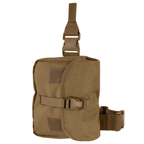 The Condor Gas Mask Leg Rig is a tan tactical pouch featuring a buckle closure, adjustable straps, and hook-and-loop patches on the front—perfect for military or first responder use.