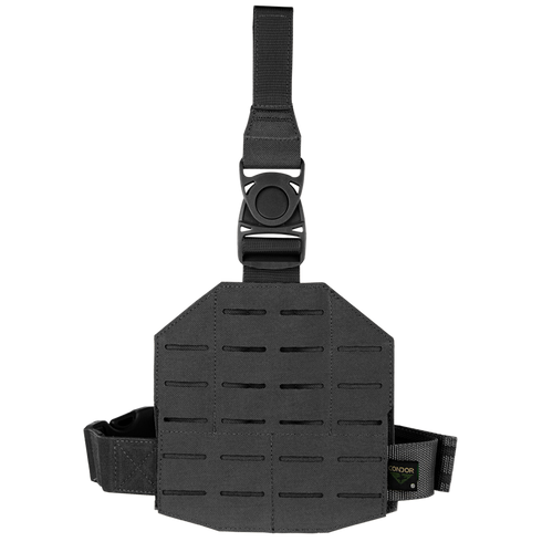 The Condor LCS Drop Leg Panel in black features adjustable straps, buckle closure, and MOLLE-compatible laser-cut slots for gear attachment.