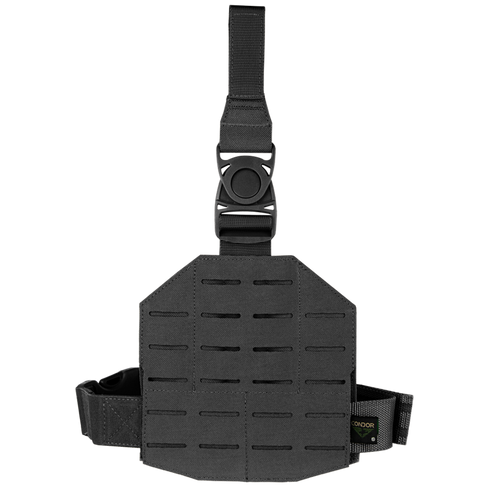 The Condor LCS Drop Leg Panel in black features adjustable straps, buckle closure, and MOLLE-compatible laser-cut slots for gear attachment.