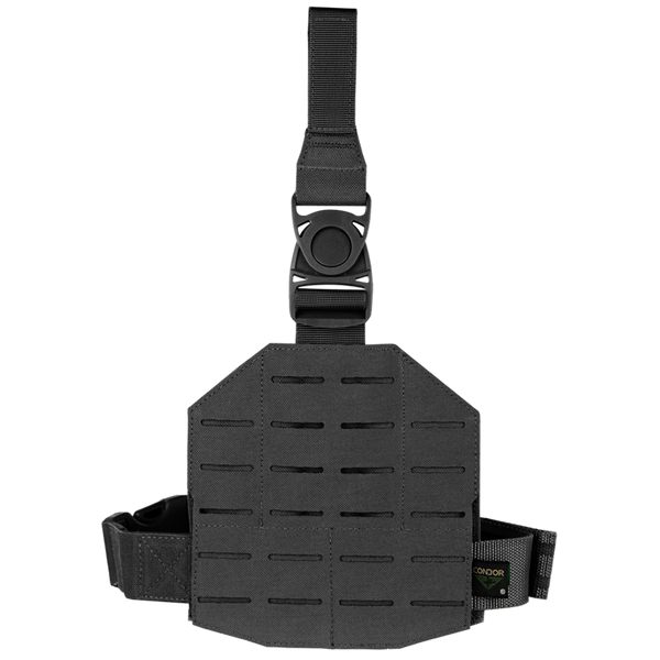 The Condor LCS Drop Leg Panel in black features adjustable straps, buckle closure, and MOLLE-compatible laser-cut slots for gear attachment.
