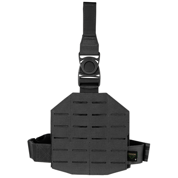 The Condor LCS Drop Leg Panel in black features adjustable straps, buckle closure, and MOLLE-compatible laser-cut slots for gear attachment.