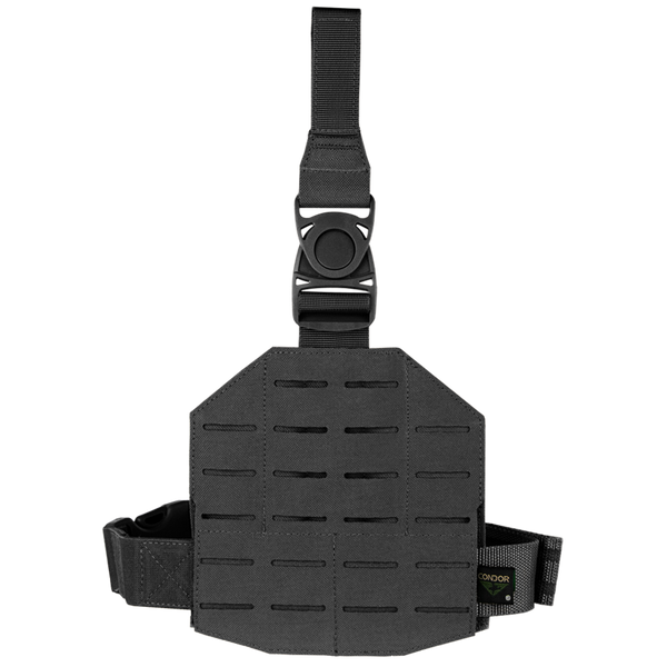 The Condor LCS Drop Leg Panel in black features adjustable straps, buckle closure, and MOLLE-compatible laser-cut slots for gear attachment.