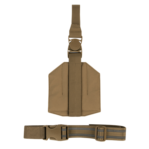 The Condor LCS Drop Leg Panel is a tan nylon rig with adjustable straps, a large side buckle, and central loop—designed for carrying gear or accessories.