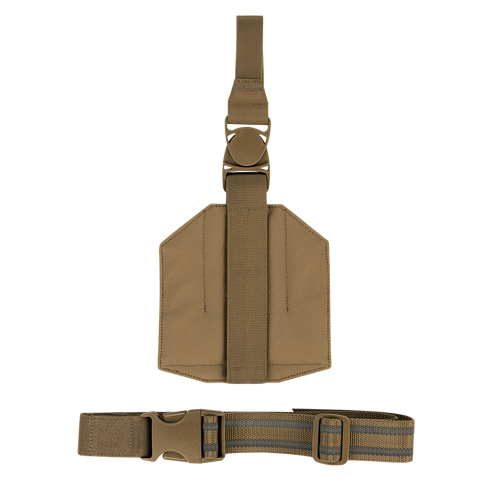 The Condor LCS Drop Leg Panel is a tan nylon rig with adjustable straps, a large side buckle, and central loop—designed for carrying gear or accessories.