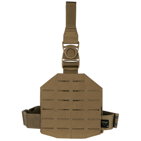 The Condor LCS Drop Leg Panel in tan features laser-cut MOLLE slots, adjustable straps, and a quick-release buckle, shown against a white background.