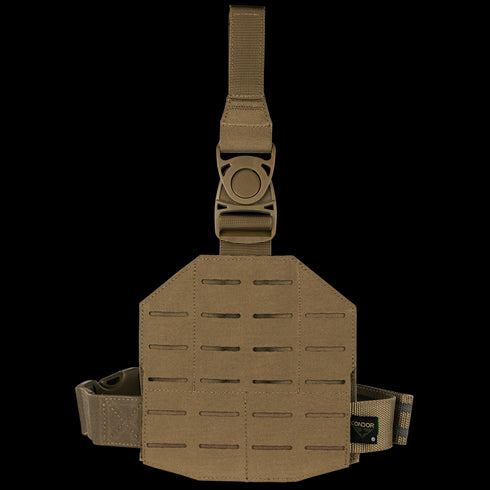 The Condor LCS Drop Leg Panel in Coyote Brown features laser-cut MOLLE slots, an adjustable strap, buckle closure, and a Condor brand label on the side.