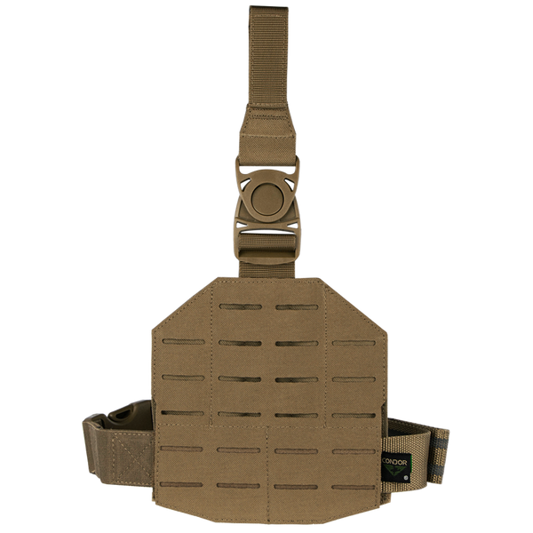 The Condor LCS Drop Leg Panel in Coyote Brown features laser-cut MOLLE slots, an adjustable strap, buckle closure, and a Condor brand label on the side.