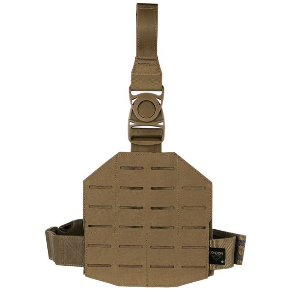 The Condor LCS Drop Leg Panel is a tan tactical platform featuring laser-cut MOLLE slots, adjustable straps, and a quick-release buckle.