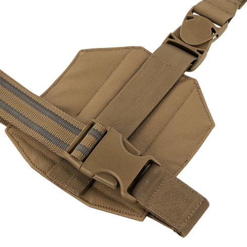 A close-up of the Condor LCS Drop Leg Panel shows a tan nylon strap with a plastic side-release buckle attached to its padded, hexagonal fabric panel.