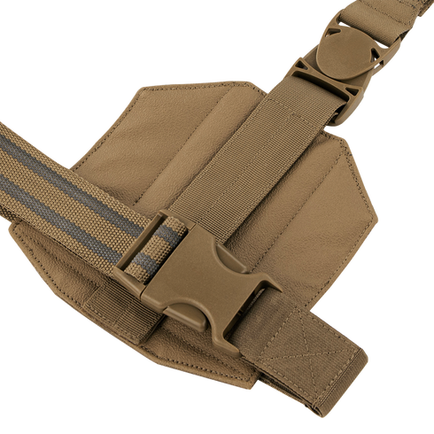 A close-up of the Condor LCS Drop Leg Panel shows a tan nylon strap with a plastic side-release buckle attached to its padded, hexagonal fabric panel.