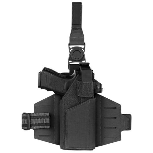 The Condor LCS RDS Leg Holster, shown in black with a secured handgun, features adjustable straps and a quick-release buckle, displayed against a plain white background.