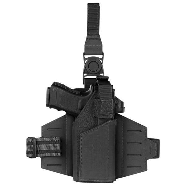 The Condor LCS RDS Leg Holster, shown in black with a secured handgun, features adjustable straps and a quick-release buckle, displayed against a plain white background.