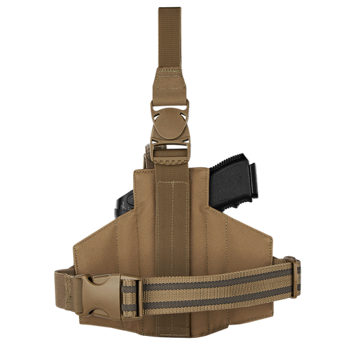 The Condor LCS RDS Leg Holster is a brown tactical thigh holster with an adjustable strap, shown in side view holding a black handgun, designed for law enforcement or military use, displayed against a white background.