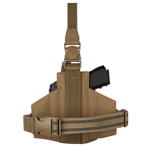 The Condor LCS RDS Leg Holster is a tan tactical thigh holster with adjustable straps and buckle, designed to securely hold a black handgun.