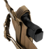 A black handgun is secured inside a Condor LCS RDS Leg Holster, a tan tactical holster with a strap and buckle, shown on a white background.