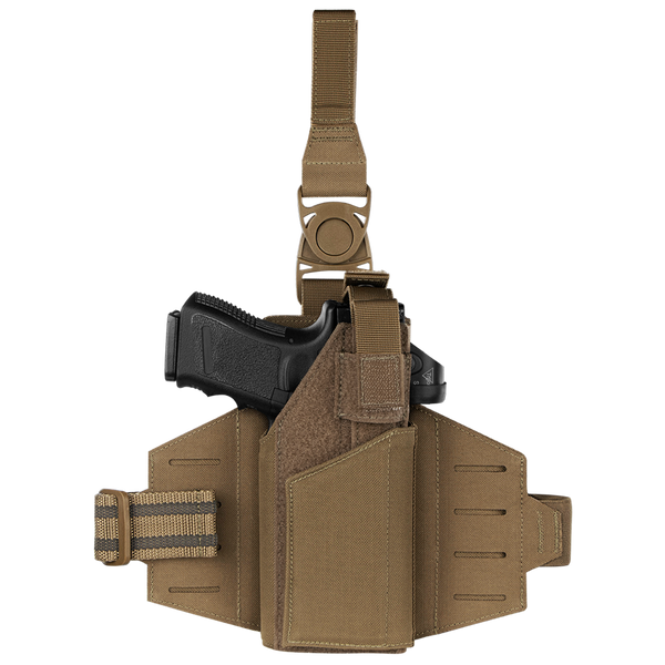 The Condor LCS RDS Leg Holster, shown in tan with a black handgun, is designed for military or first responder use and displayed against a white background.