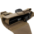 The Condor LCS RDS Leg Holster in tan features a secured flap, partially open to reveal space for a firearm accessory with a mounted light or laser—perfect for military or first responder use.
