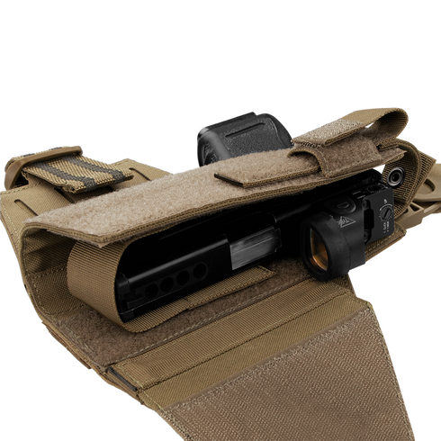 The Condor LCS RDS Leg Holster securely holds a handgun with mounted optic and flashlight, kept in place by a Velcro flap.