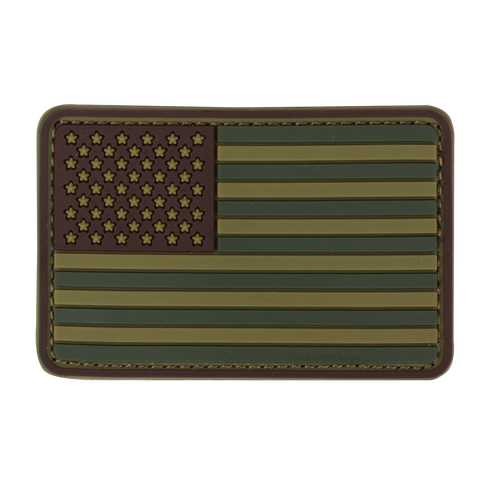 The Condor US Flag PVC Patch features a subdued green and brown stars-and-stripes design, outlined with stitching—perfect for law enforcement uniforms or bushcraft gear.